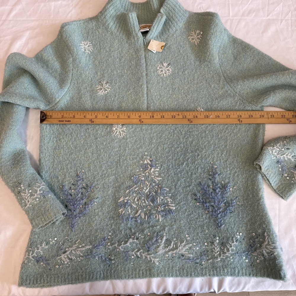 Talbots Blue Sparkle Beaded Wool Blend Stretch Christmas Tree Sweater New Large - Picture 8 of 13